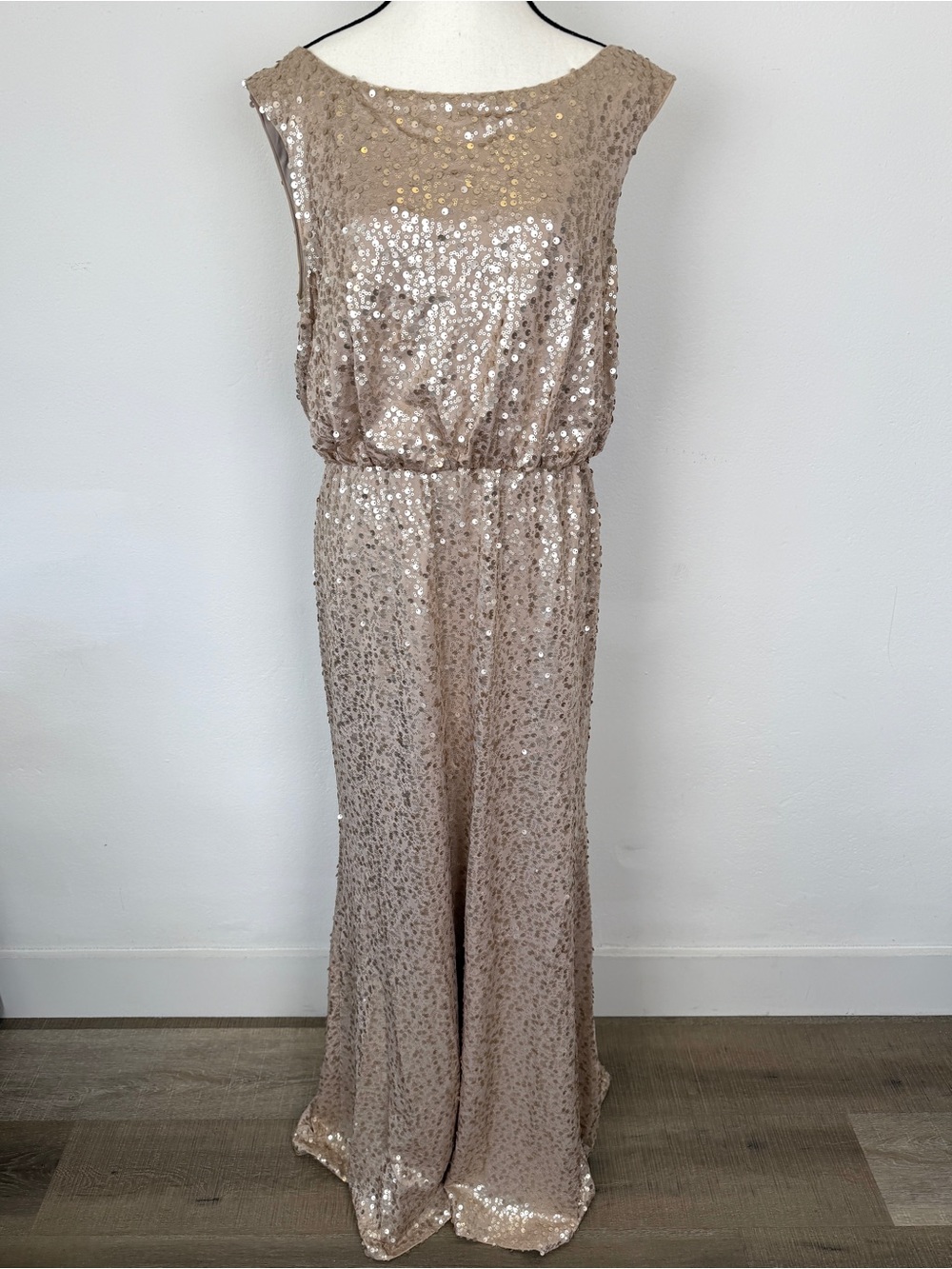David's Bridal Size L Champagne Long Sequin Blouson Dress